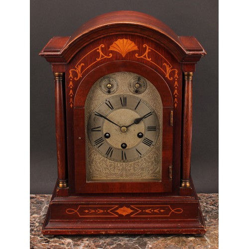 2476 - An early 20th century mahogany and marquetry musical mantel clock, 18cm silvered dial inscribed with... 