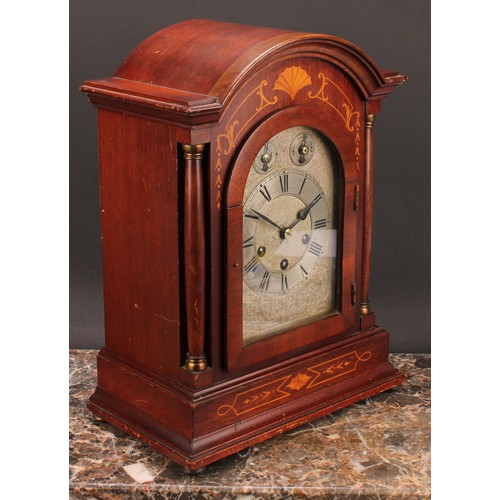 2476 - An early 20th century mahogany and marquetry musical mantel clock, 18cm silvered dial inscribed with... 