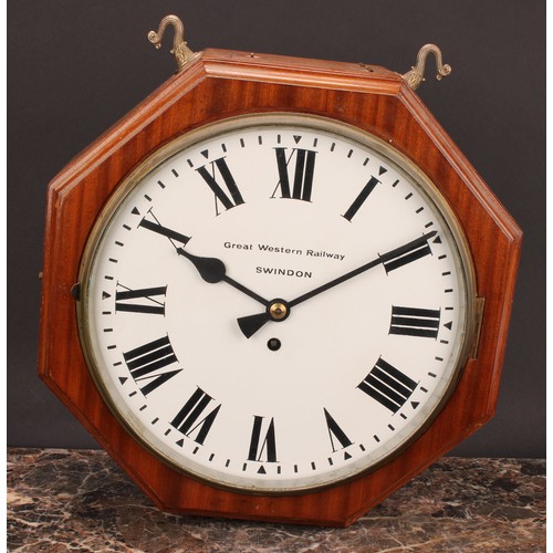 2519 - Railwayana - a mid-20th century mahogany octagonal double-sided railway station timepiece, 29.5cm ci... 