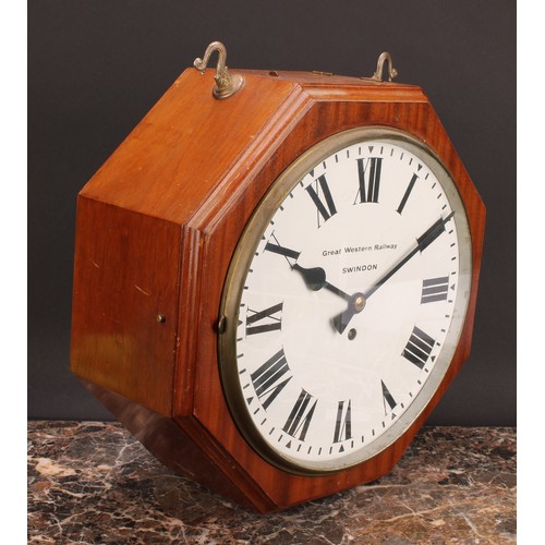 2519 - Railwayana - a mid-20th century mahogany octagonal double-sided railway station timepiece, 29.5cm ci... 