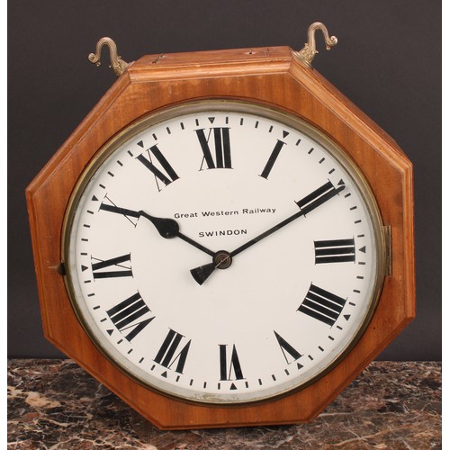 2519 - Railwayana - a mid-20th century mahogany octagonal double-sided railway station timepiece, 29.5cm ci... 