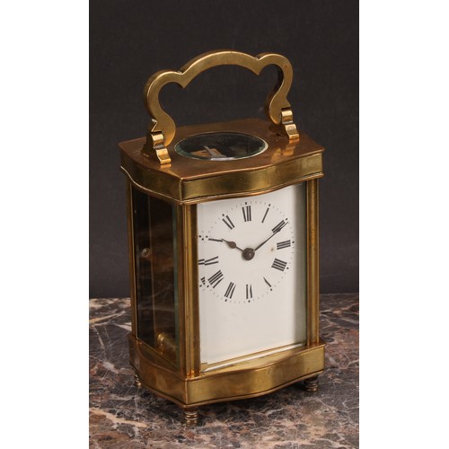 2468 - An early 20th century French lacquered brass carriage timepiece, 5.5cm enamel dial inscribed with Ro... 