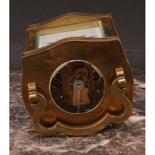 2468 - An early 20th century French lacquered brass carriage timepiece, 5.5cm enamel dial inscribed with Ro... 