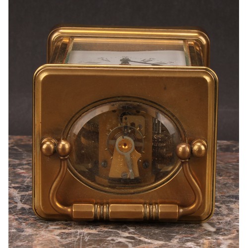 2467 - An early 20th century French lacquered brass carriage timepiece, 5.5cm enamel dial inscribed with Ro... 