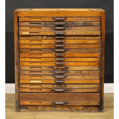 2505 - An early to mid-20th century oak primary printer’s or draughtsman’s plan chest, now fitted for the h... 