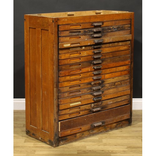 2505 - An early to mid-20th century oak primary printer’s or draughtsman’s plan chest, now fitted for the h... 