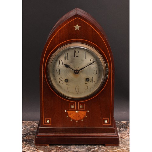 2509 - An Edwardian mahogany and parquetry lancet-arch mantel clock, 14.5cm circular silvered dial inscribe... 