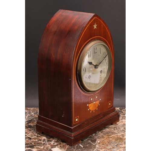 2509 - An Edwardian mahogany and parquetry lancet-arch mantel clock, 14.5cm circular silvered dial inscribe... 