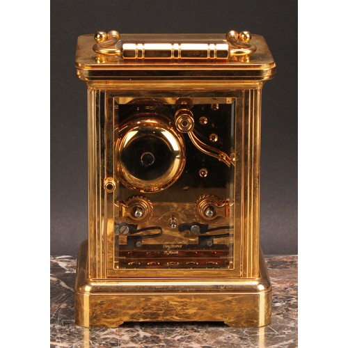 2518 - Garrard & Co - a large gilt brass carriage clock, 6.5cm rectangular enamel dial inscribed with Roman... 