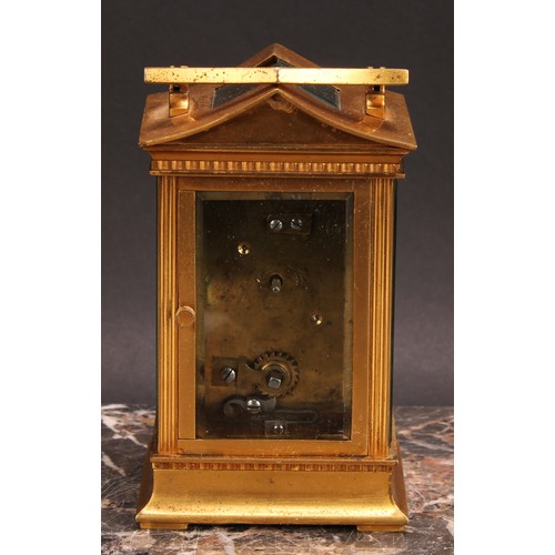 2472 - An early 20th century gilt brass carriage timepiece, 4.5cm enamel clock dial inscribed Finnigan’s, M... 