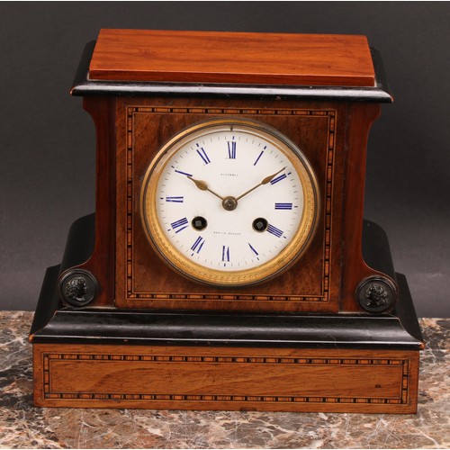 A late Victorian parcel-ebonised walnut mantel clock, 8.5cm circular ...