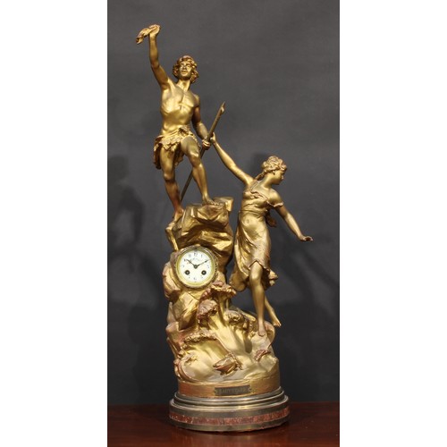 2465 - An early 20th century French gilt spelter figural table clock, Sauvetage, 7.5cm circular dial inscri... 