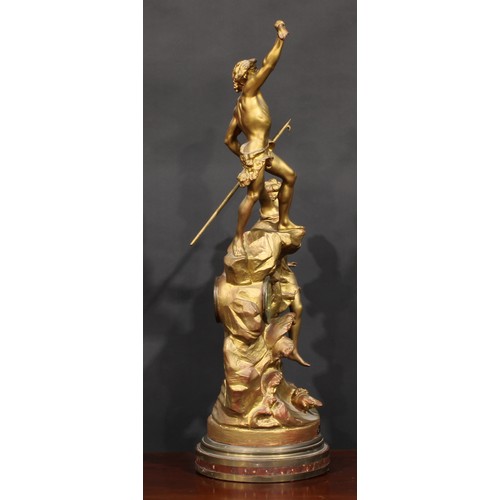 2465 - An early 20th century French gilt spelter figural table clock, Sauvetage, 7.5cm circular dial inscri... 