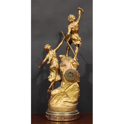 2465 - An early 20th century French gilt spelter figural table clock, Sauvetage, 7.5cm circular dial inscri... 