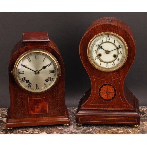 2507 - An Edwardian mahogany and marquetry balloon shaped mantel clock, 10cm circular enamel dial inscribed... 