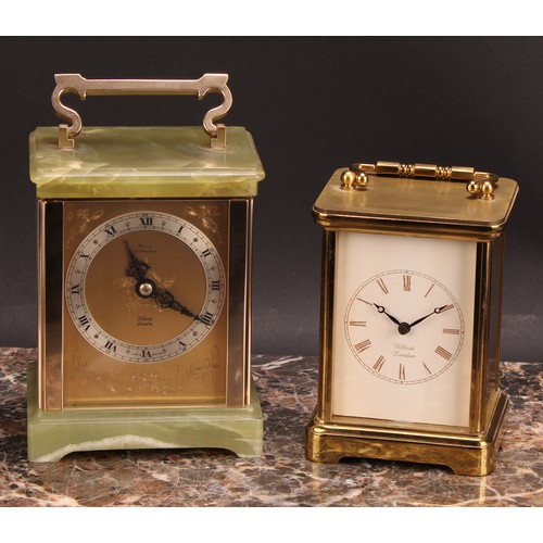 2513 - An onyx carriage timepiece, by Elliott, London, 8cm rectangular brass clock dial with silvered chapt... 