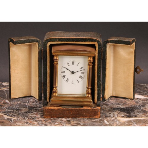 2474 - An early 20th century lacquered brass miniature carriage timepiece, 4cm rectangular enamel dial insc... 