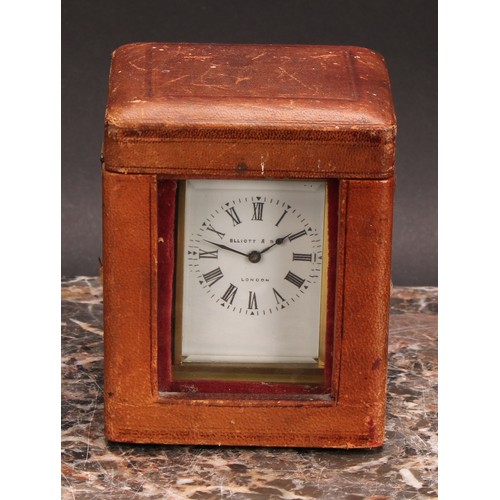 2455 - An early 20th century brass carriage timepiece, of small proportions, 4cm rectangular enamel clock d... 