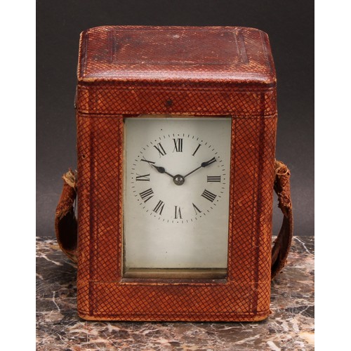 2454 - An early 20th century brass carriage clock, 5.5cm rectangular enamel dial inscribed with Roman numer... 