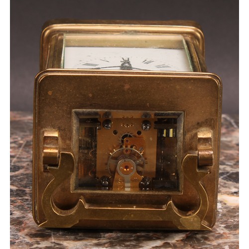 2454 - An early 20th century brass carriage clock, 5.5cm rectangular enamel dial inscribed with Roman numer... 