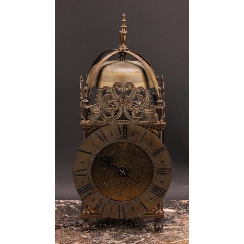 2449 - An early 18th century style brass lantern clock, 17cm dial inscribed Thomas Moore, Ipswich, Roman nu... 