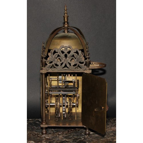 2449 - An early 18th century style brass lantern clock, 17cm dial inscribed Thomas Moore, Ipswich, Roman nu... 