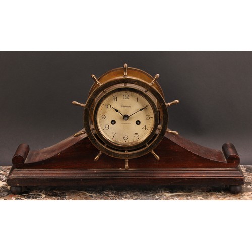 2453 - An early 20th century brass and mahogany ship’s wheel mantel clock, 10.5cm silvered dial inscribed W... 