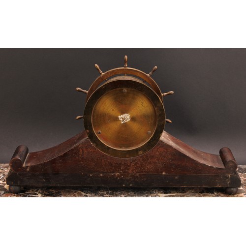 2453 - An early 20th century brass and mahogany ship’s wheel mantel clock, 10.5cm silvered dial inscribed W... 