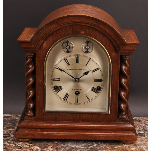 2484 - An early 20th century oak bracket clock, 14.5cm arched silvered dial inscribed A.MASON WILLIAMS & CO... 