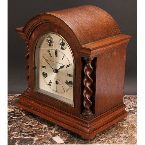 2484 - An early 20th century oak bracket clock, 14.5cm arched silvered dial inscribed A.MASON WILLIAMS & CO... 