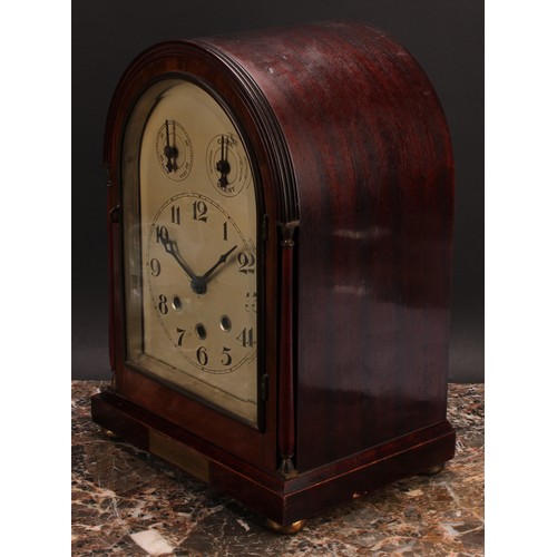 2481 - An early 20th century mahogany musical mantel clock, 16cm arched silvered dial inscribed with Arabic... 