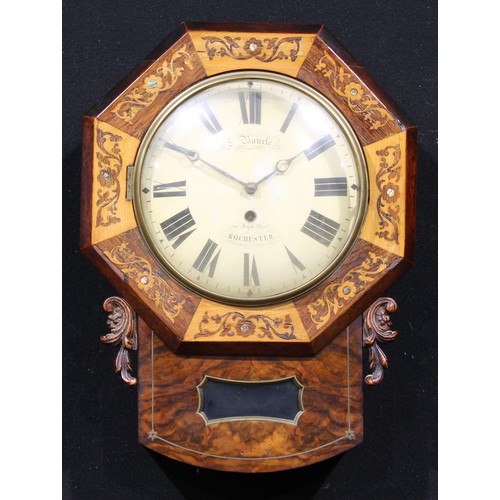 A late 19th specimen timber and marquetry drop-dial wall clock, 22cm ...