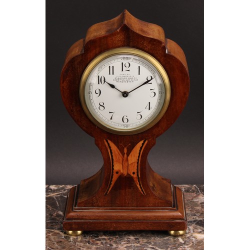 2508 - An Edwardian mahogany and marquetry mantel clock, 8.5cm circular enamel dial inscribed EXMD BY F.G.S... 