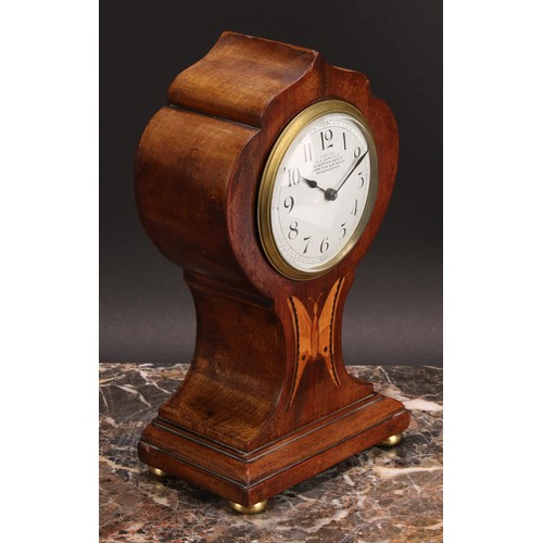 2508 - An Edwardian mahogany and marquetry mantel clock, 8.5cm circular enamel dial inscribed EXMD BY F.G.S... 