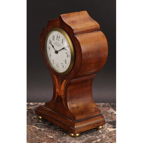 2508 - An Edwardian mahogany and marquetry mantel clock, 8.5cm circular enamel dial inscribed EXMD BY F.G.S... 