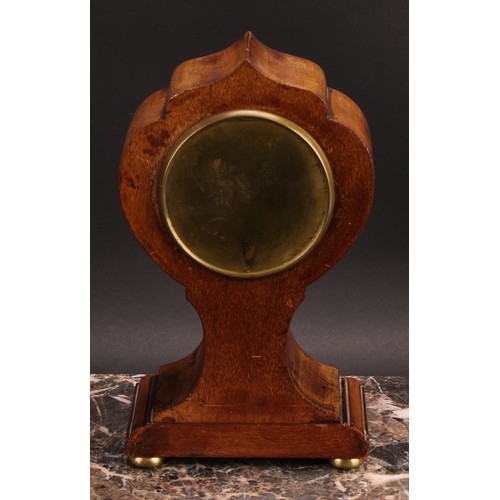 2508 - An Edwardian mahogany and marquetry mantel clock, 8.5cm circular enamel dial inscribed EXMD BY F.G.S... 