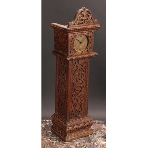 2490 - An early 20th century oak miniature longcase clock, 6.5cm circular silvered dial inscribed with Arab... 