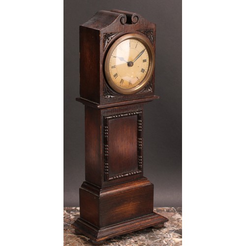 2490 - An early 20th century oak miniature longcase clock, 6.5cm circular silvered dial inscribed with Arab... 