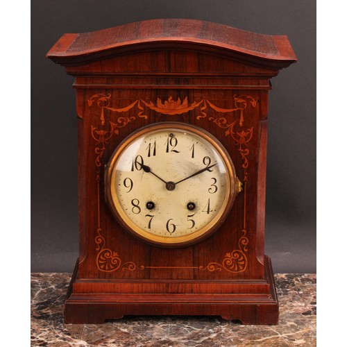 2500 - An early 20th century rosewood and marquetry mantel clock, 12cm circular dial inscribed with Arabic ... 