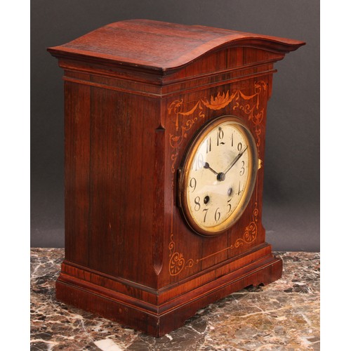 2500 - An early 20th century rosewood and marquetry mantel clock, 12cm circular dial inscribed with Arabic ... 