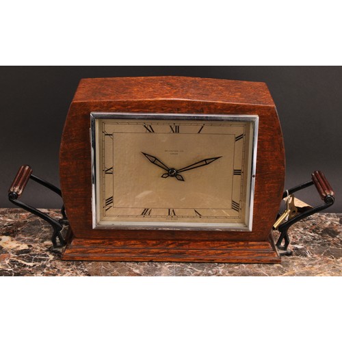 2487 - An early 20th century oak double-dial club timepiece, 20cm rectangular silvered dial inscribed BRAVI... 