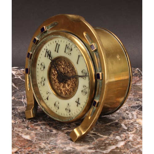 2456 - An early 20th century brass desk timepiece, of equestrian interest, 8cm circular clock dial inscribe... 