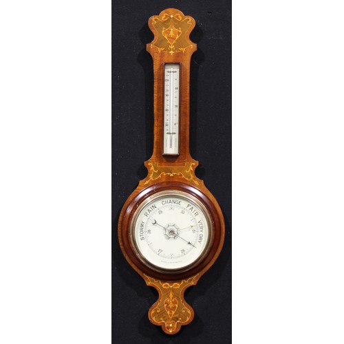 2512 - An Edwardian Sheraton Revival mahogany and marquetry wheel barometer, 19.5cm register, mercury therm... 