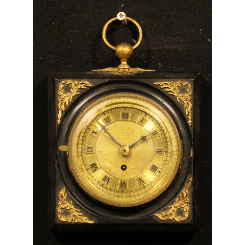 2448 - An Austrian Biedermeier Revival gilt metal mounted ebonised travelling sedan timepiece, 8cm circular... 