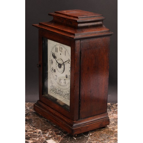 2485 - An early 20th century oak bracket or mantel alarm clock, John Bull Automatic Alarm, Patent No. 23106... 