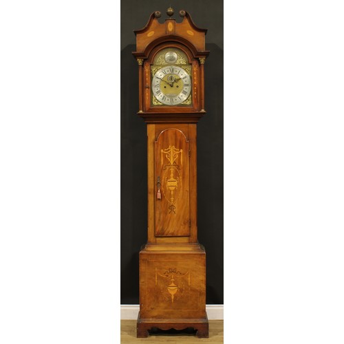 2511 - An Edwardian Sheraton Reivival mahogany and marquetry longcase clock, 30.5cm arched brass and silver... 