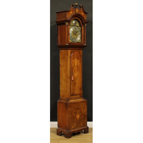 2511 - An Edwardian Sheraton Reivival mahogany and marquetry longcase clock, 30.5cm arched brass and silver... 