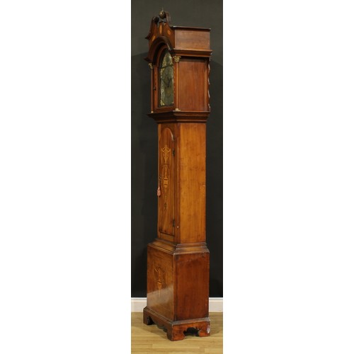 2511 - An Edwardian Sheraton Reivival mahogany and marquetry longcase clock, 30.5cm arched brass and silver... 