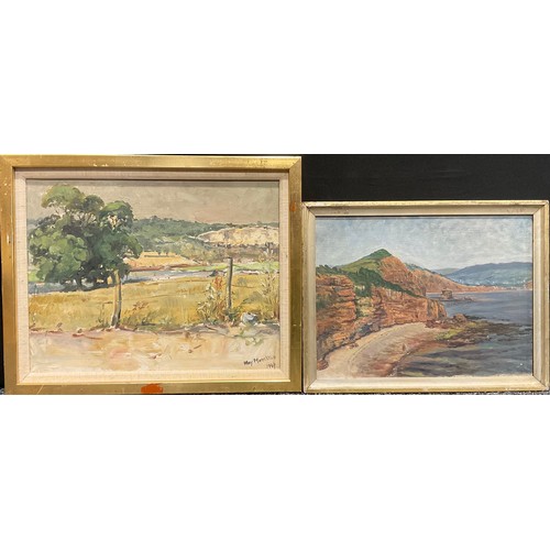 571 - May Monckton 1949   
River Landscape  
signed, oil; another, unframed coastal scene, oil