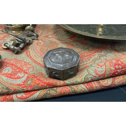 29 - Middle eastern ware including silver coloured metal octangle pin box, pressed pattern of animals, 7c... 